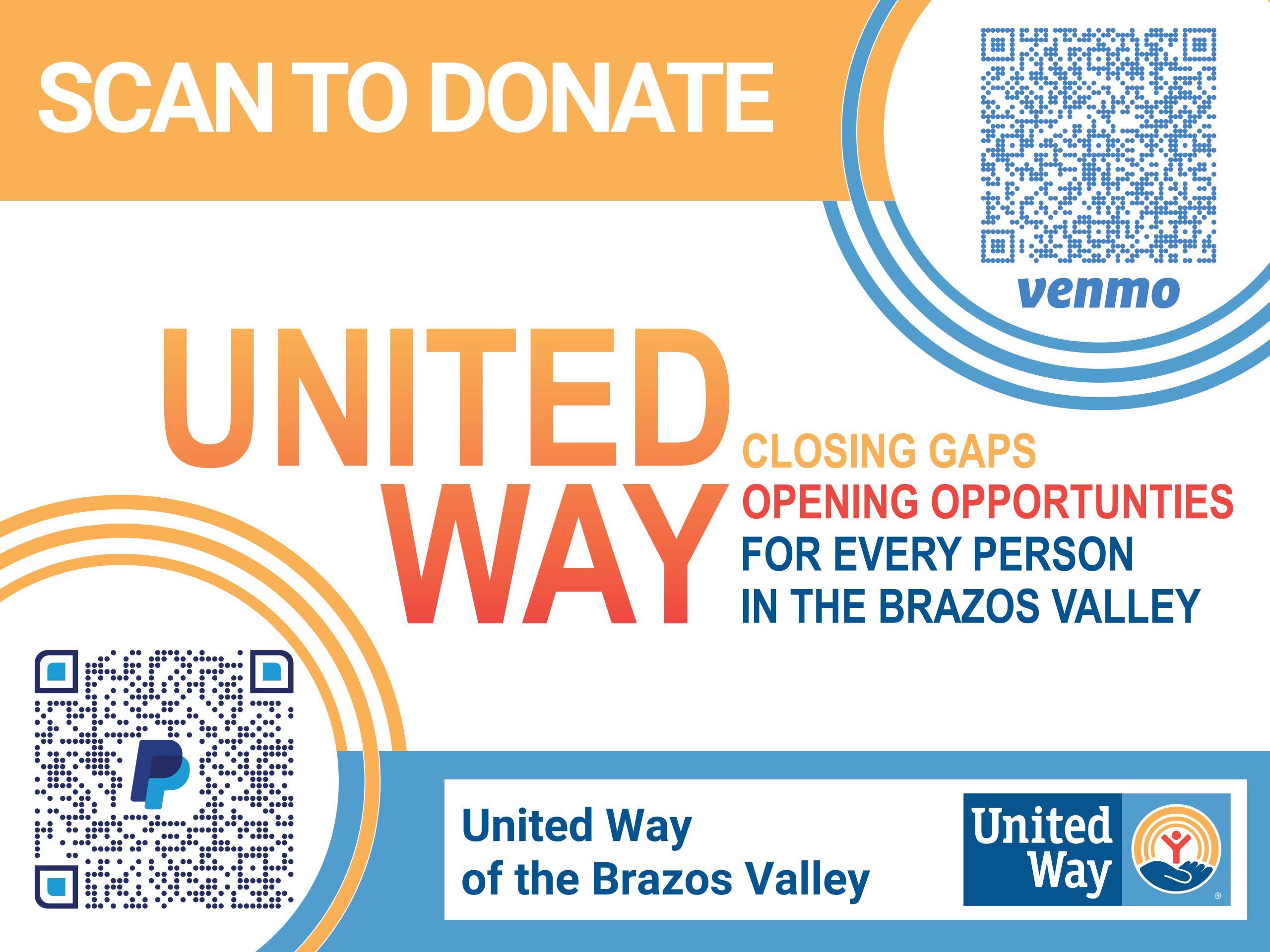 Venmo and Paypal QR codes for easy donating to united way of the brazos valley. paypal https://www.paypal.com/us/fundraiser/charity/2270301 and venmo @UnitedWayBV