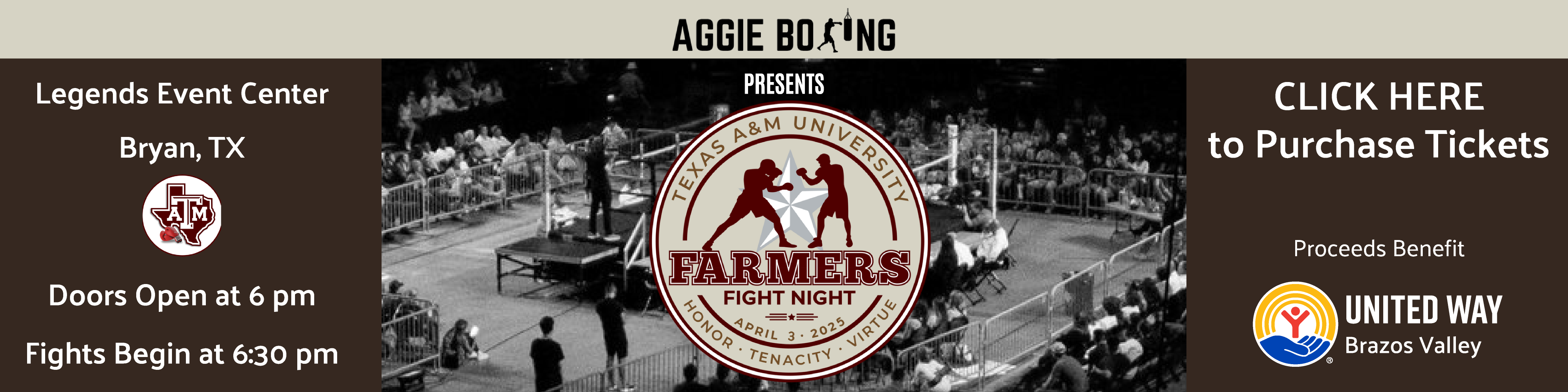 Farmers Fight Web Banner with information regardinf the event. April 3, 2025 at Legends Event Center in Bryan. Doors open at 6pm. All proceeds benefit United Way of the Brazos Valley. Also, a link for purchasing tickets.