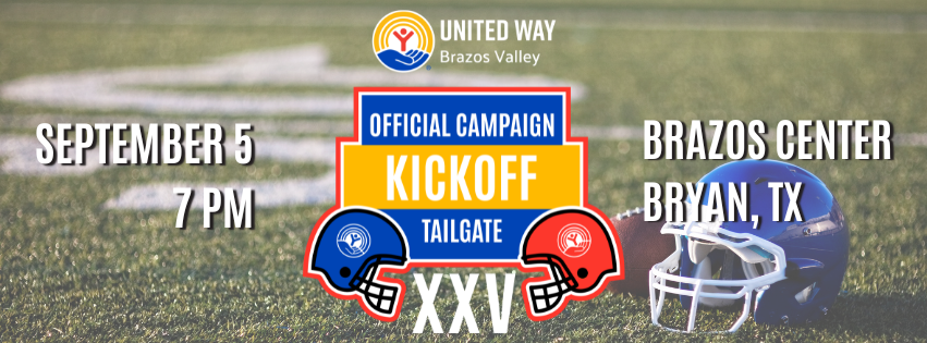 Campaign Kickoff Tailgate logo on football field background. September 5th 7pm at the Brazos Center in Bryan